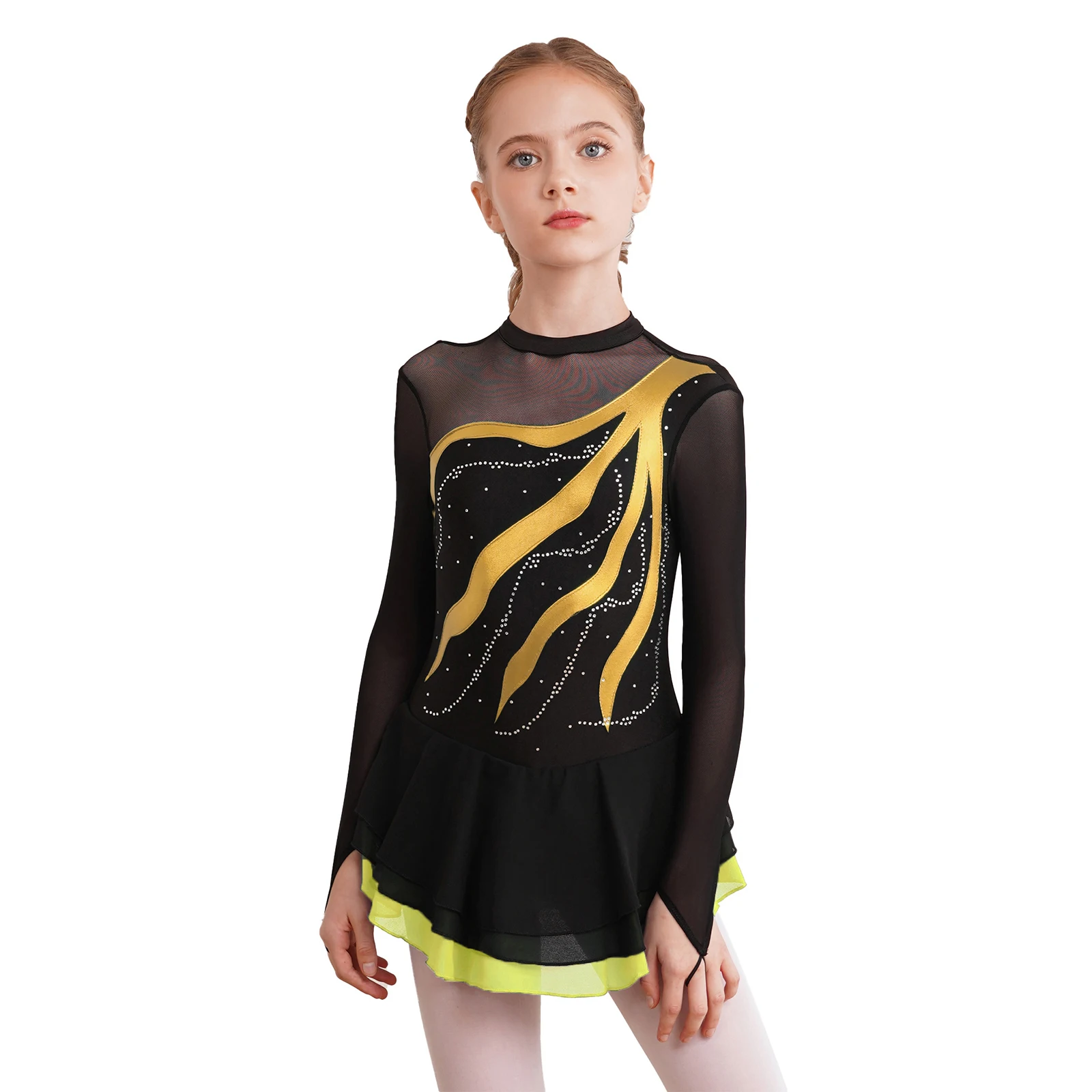 Kids Girls Long Sleeve Rhinestone Figure Skating Dress Patchwork Ballet Gymnastics Dance Leotard Dress Child Performance Clothes