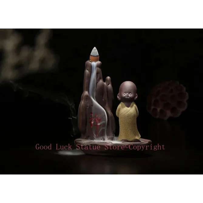 

GOOD business gift Original # TOP collector's edition ceramic ART -Zen Buddha CHAN DAO Little Monk incense color pottery ART