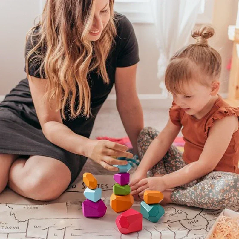 Montessori dos-décennie s de construction en bois colorés pour enfant, jouet empileur de nuit de charbon arc-en-ciel, pierre d'équilibrage