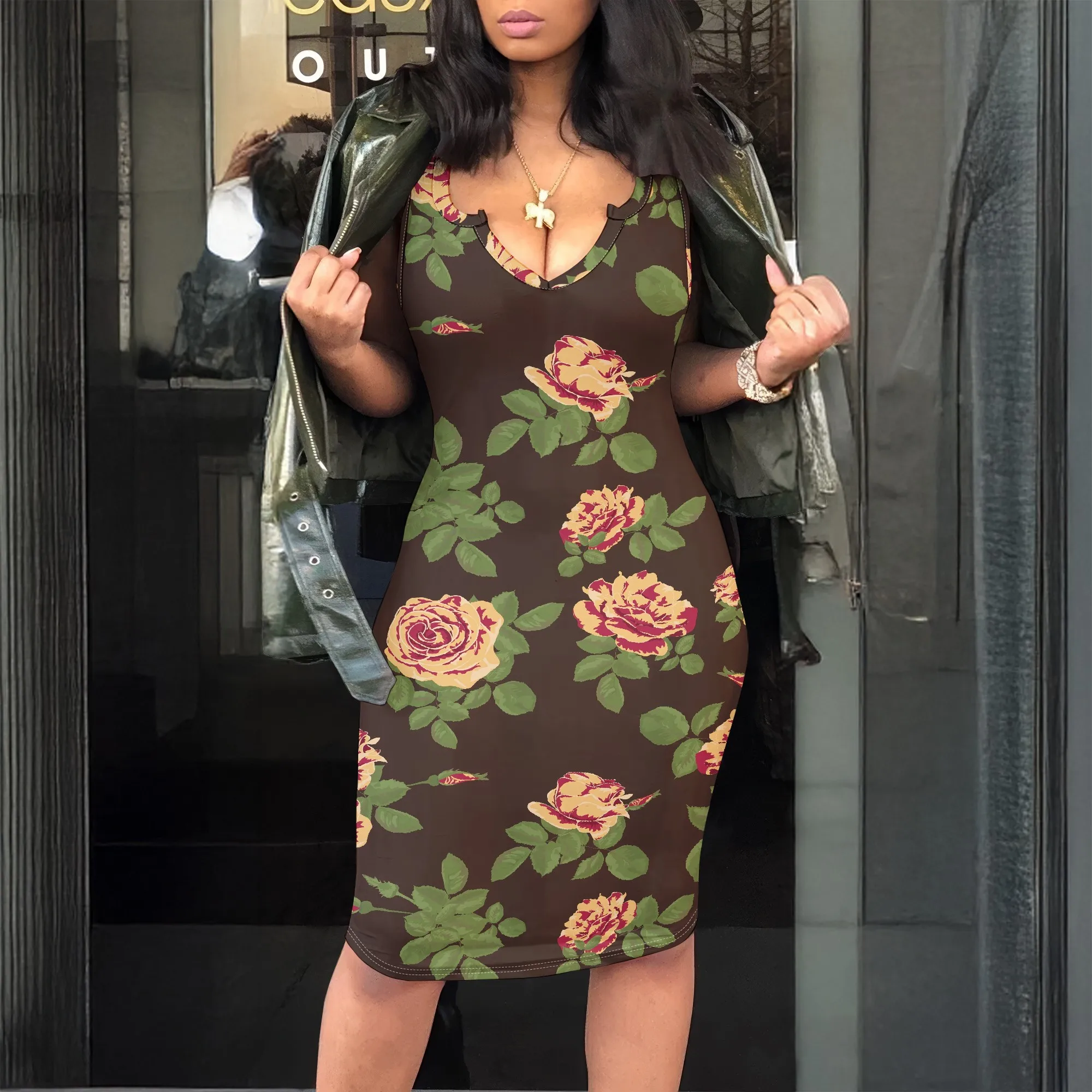 

Retro Rose Print, Floral Bodycon Dress, V-Neck Tank Midi, Sleeveless Summer Wear for Women, S-2XL