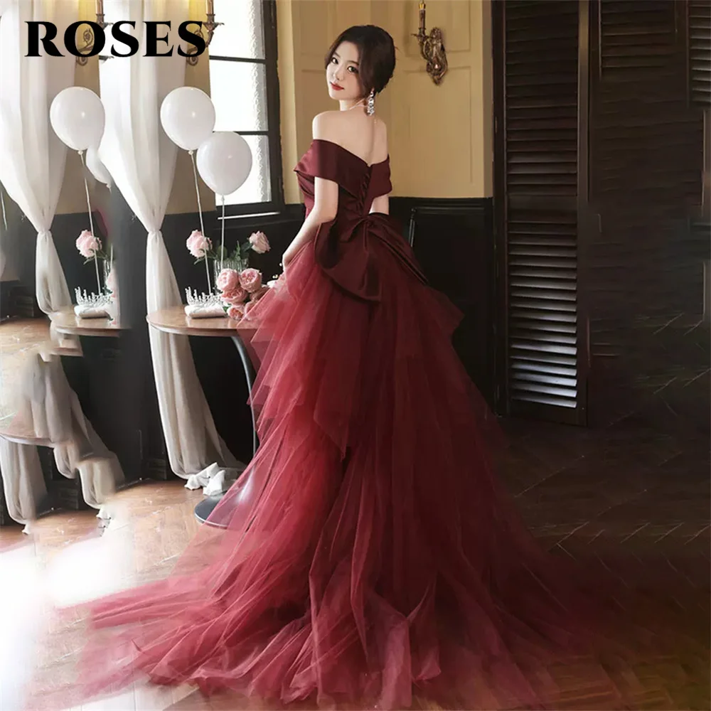 

ROSES Off Shoulder Short Sleeves Special Occasion Dress Burgundy Mermaid Formal Gown Bow Long Evening Dress vestidos de fiesta