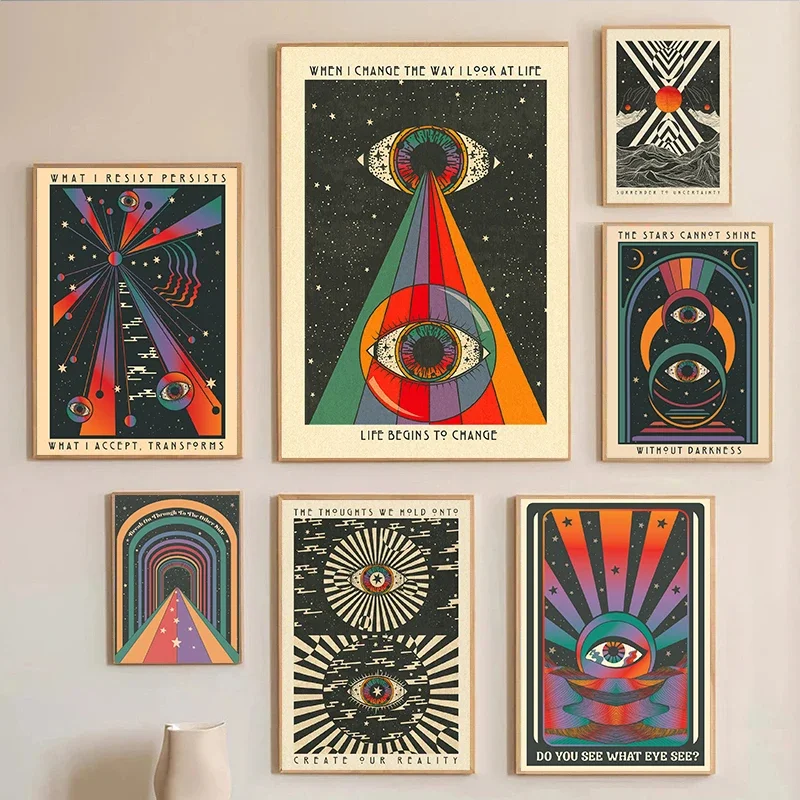 Retro Bohemian Psychedelic 70s Poster Inspirational Quotes Meditation Wall Art Canvas Painting Pictures Hippie Home Room Deco