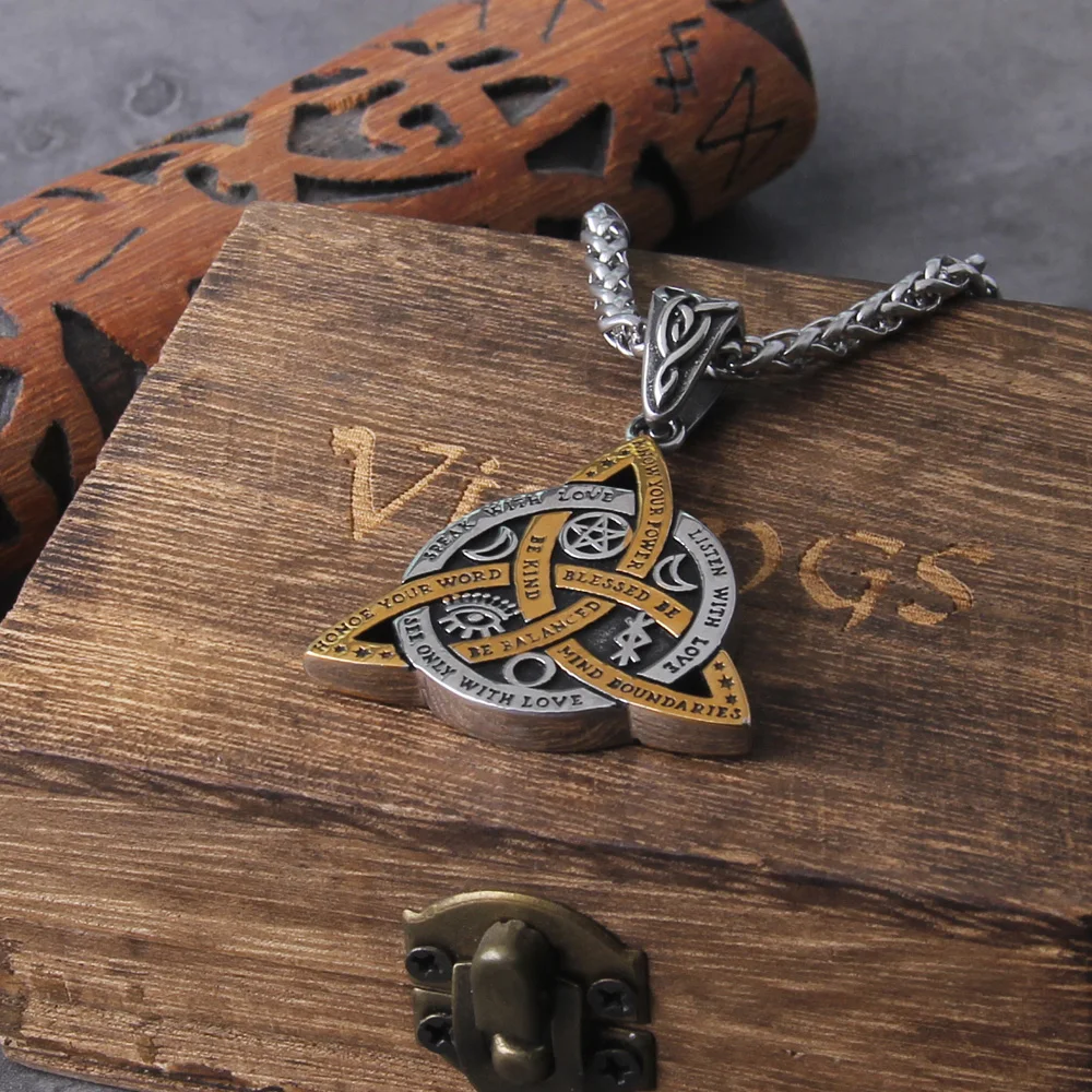 🔺 Wiccan Trinity Pendant Necklace – Stainless Steel Viking Amulet with Wooden Box 4