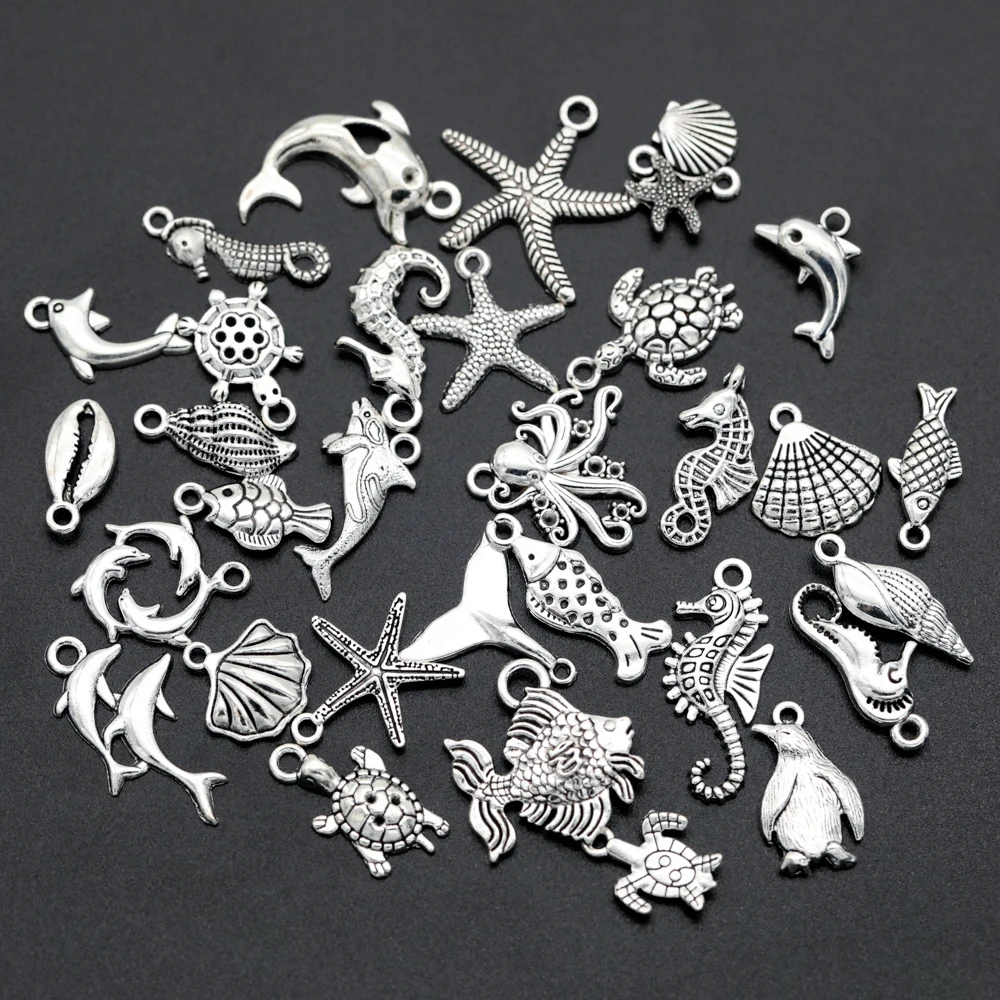 30 pieces Mix Metal Marine Life Shells Octopus Charms Beads Handmade DIY Bracelet Pendant Necklace Jewelry Making Findings
