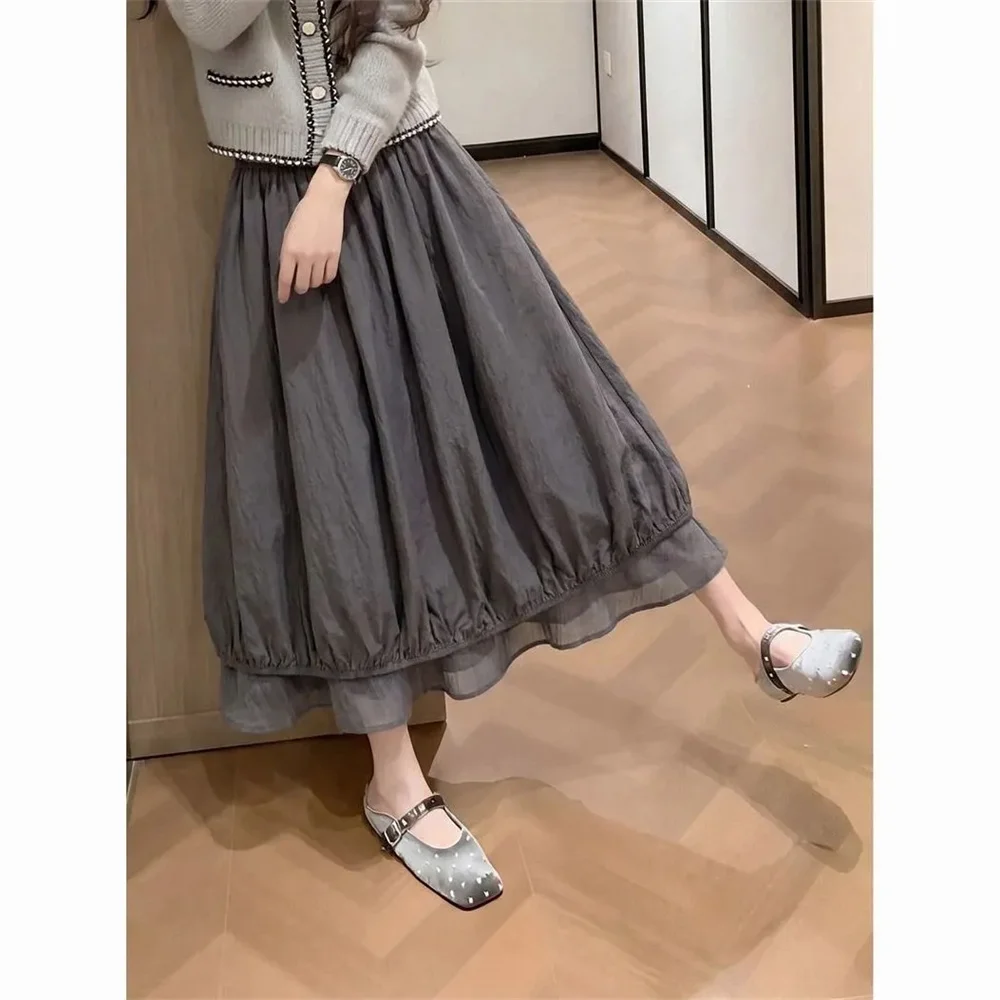 Sweet Puff Skirt Vintage Gray French Romantic Chiffon Splicing Long Skirt Women Korean Elasticity High Waist Cake Skirt