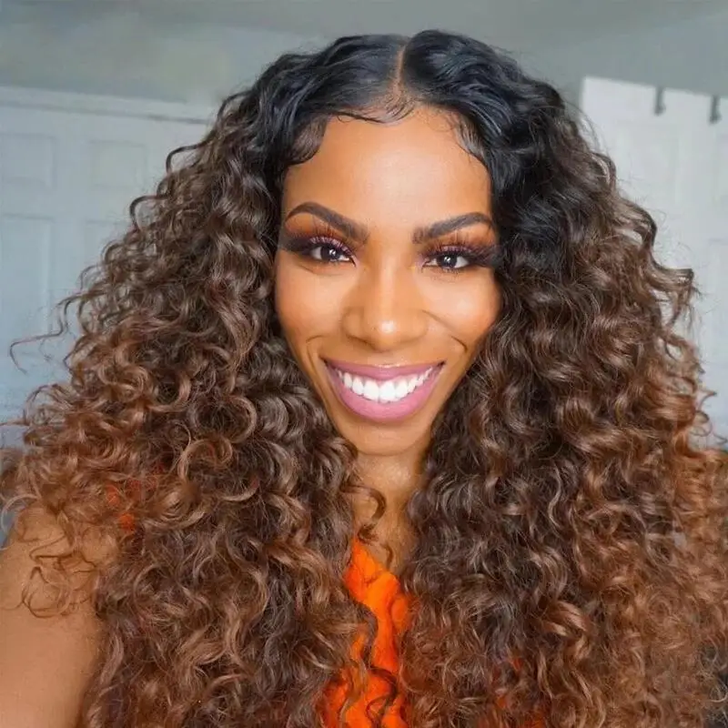 Soft Long Glueless Ombre Brown Kinky Curly 180Density 26Inch Deep Lace Front Wig For Women With Baby Hair Preplucked Daily