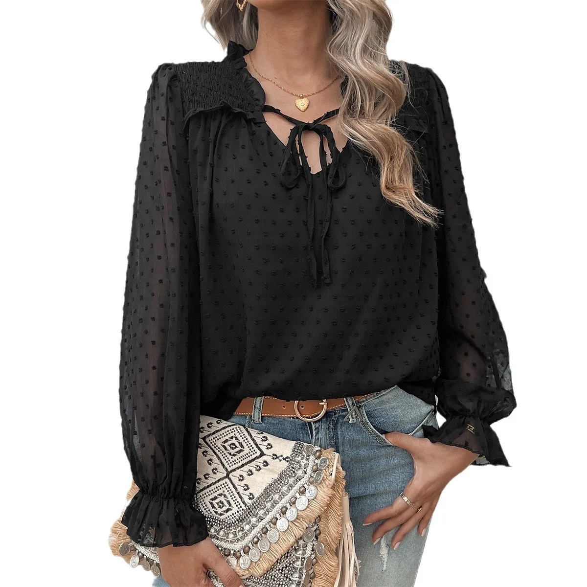 Fashionable Jacquard Shirt with Feminine Elegance V Neck Long Sleeved Top