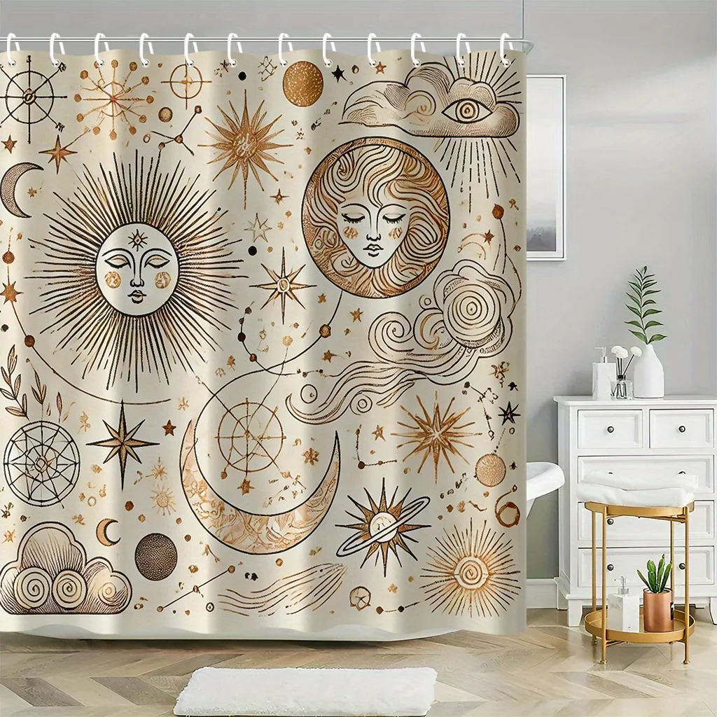 Celestial Sun Moon Shower Curtain, Boho Astrology Waterproof Bath Curtain, Vintage Bohemian Bathroom Decor Art