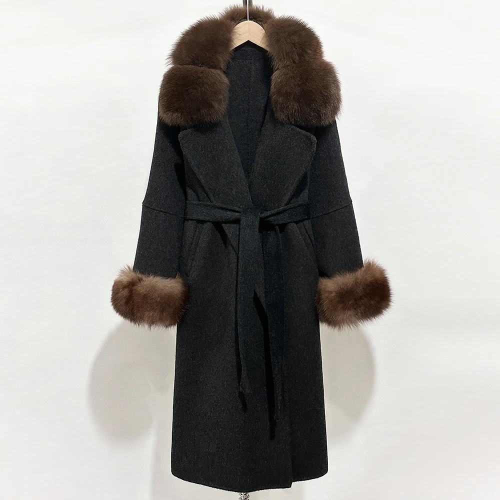 الواقع معطف الفرو الصوفية النساء الخريف الإناث سترة الفراء الحقيقي موضة جديدة الدافئة الصوف مزيج معطف الربيع طويل كبير الثعلب الفراء الأصفاد #3