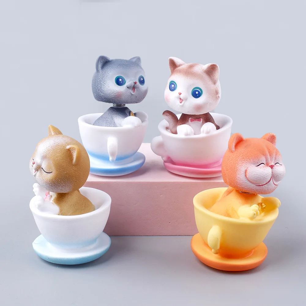 Teacup Cat Shaking Head Cuphead Figure Cute Pet Tea Cup Cat Toy Collection Model Home Decoration Car Ornament Novelty Gifts