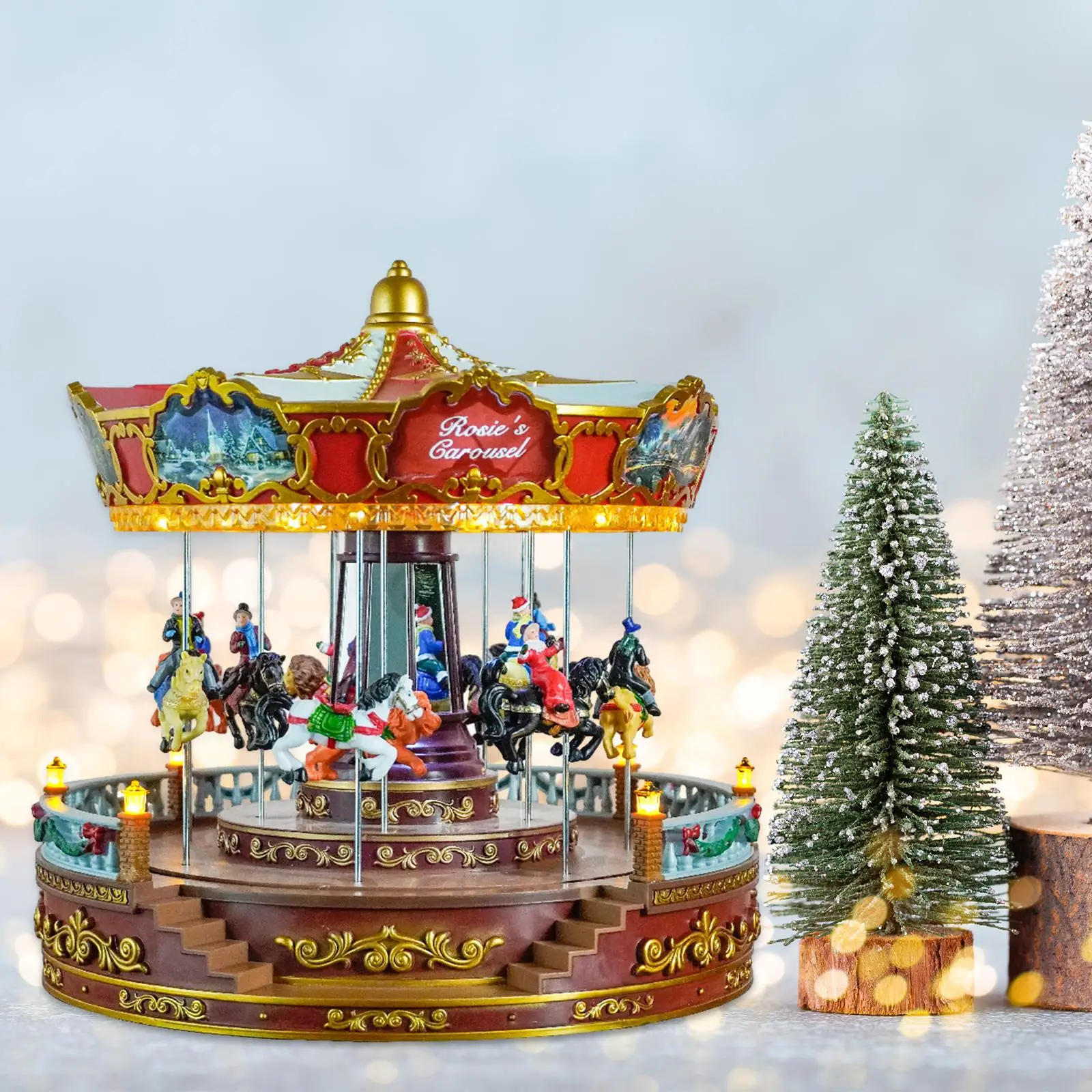 Christmas Carousel Music Box with Lights US 110V Adapter Decorative Tabletop Ornament for Holiday Decoration Sturdy Versatile