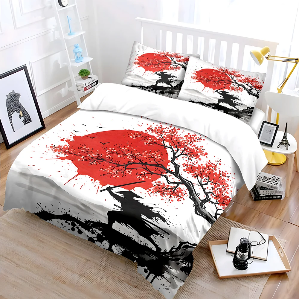 Samurai under cherry blossoms and red moon Bedding Set for Kids Luxury Gift 3pcs Digital Print Comforter Set Soft Comfortable