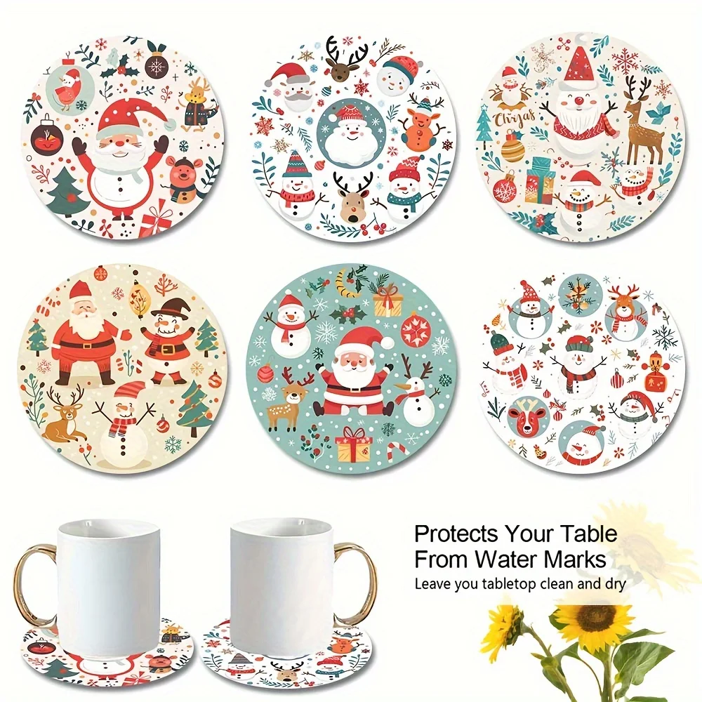 12/6 Pieces of Randomly Assorted Wooden 2D Flat Coasters, Vector Illustration Style Christmas Elements: Santa Claus, Snowman, and Reindeer Unique Artistic Designs