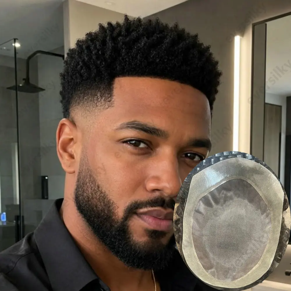 Afro-Haarteil für Männer, 4 mm/6 mm, lockig, super langlebig, aus Mono-Mesh und PU, braun, schwarz, aus Echthaar, atmungsaktives Haarteil-System. – Detail 1