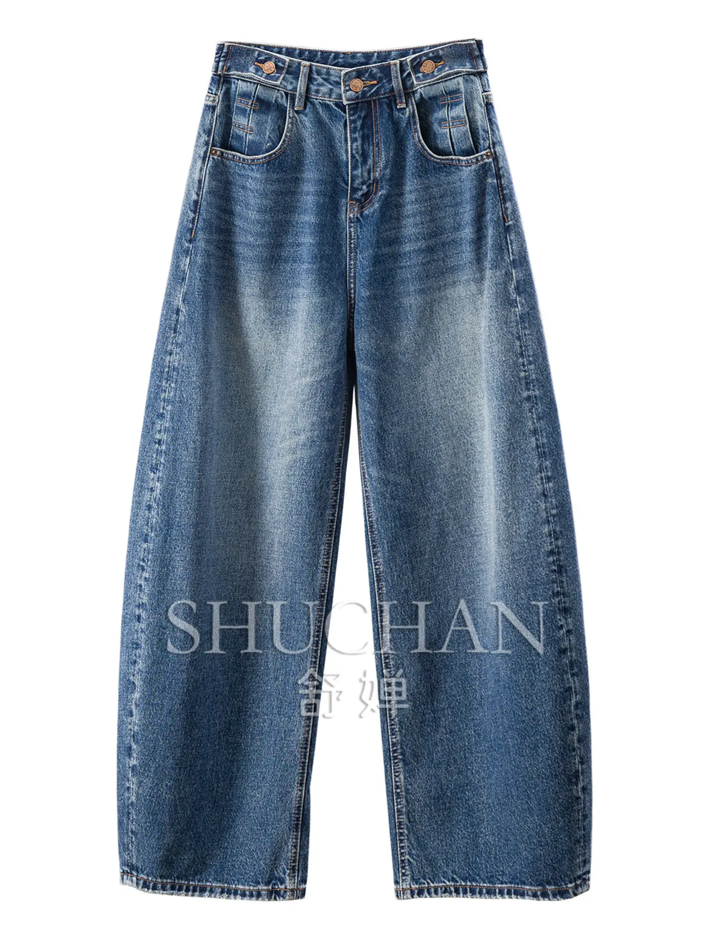 Pear-shaped Tiancai Pants Vintage Blue 100 Cotton High Waist Wide Leg Sickle Jeans Women 63W7