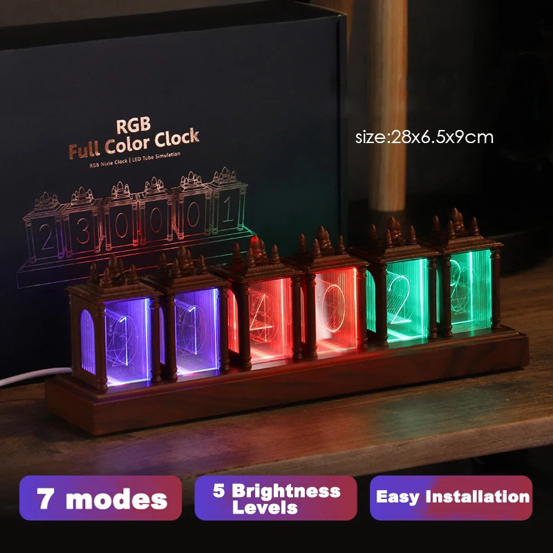 Cyberpunk Nixie Tube zegar lampki nocne RGB świecąca tuba zegar z drewnianym lampa stołowa LED cyfrowy budzik lampa z zegarem prezent do pokoju gier