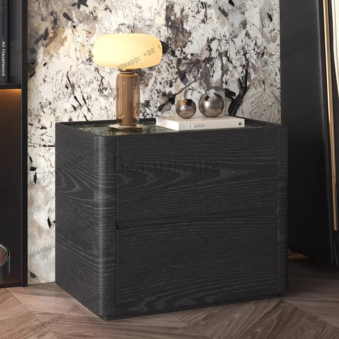 

D25Simple modern light luxury bedroom Italian minimalist bedside table black oak pattern bedside locker