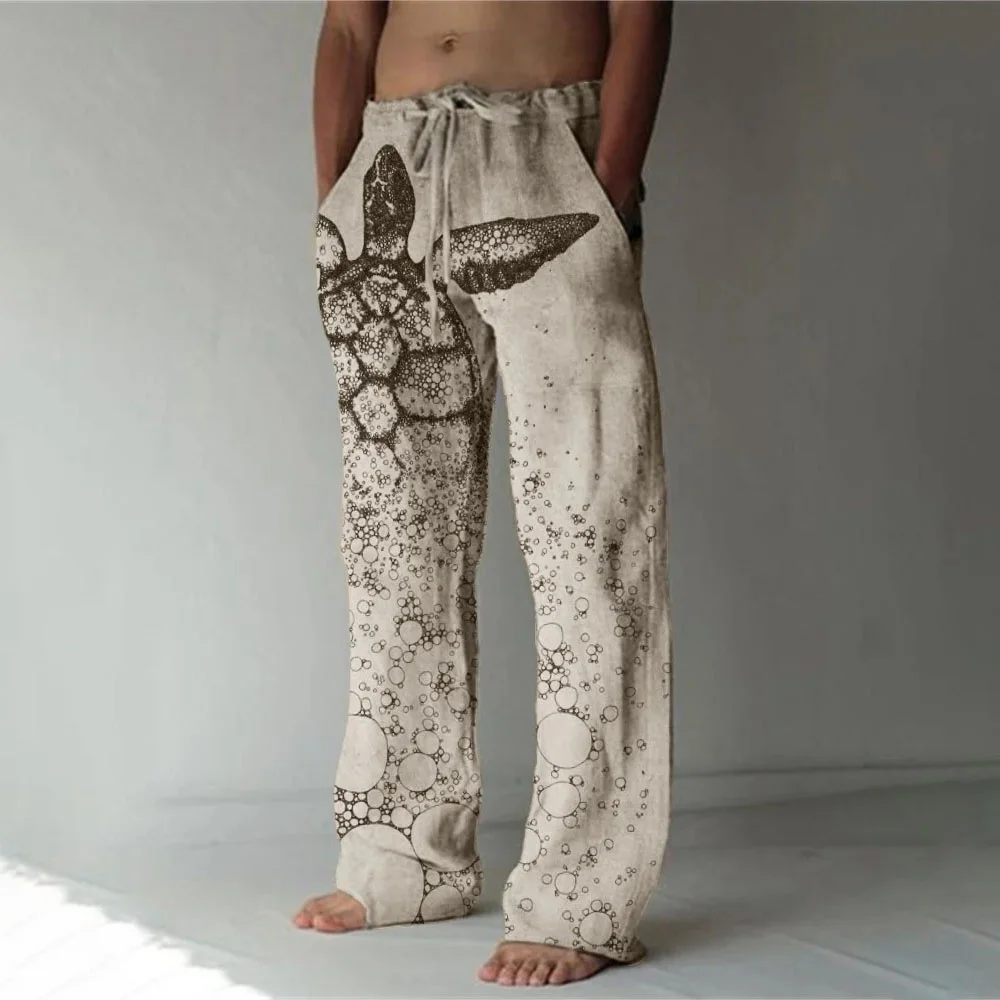 2025 Handsome Turtle Printed Men's Casual Pants Comfortable Breathable Linen Material Fashion Casual Pants Daily