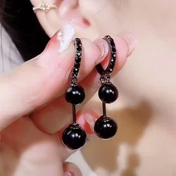 Temperament Retro Black Imitation Pearl Ball Drop Earrings For Women Luxury Elegant Black Beads Dangle Earring Punk Jewelry Gift