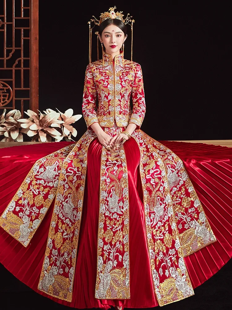 Traditional Chinese Style Wedding Xiuhe Toast Dress Chinese Wedding Dress DragonPhoenix Coat Women Bride Tang Suit Hanfu