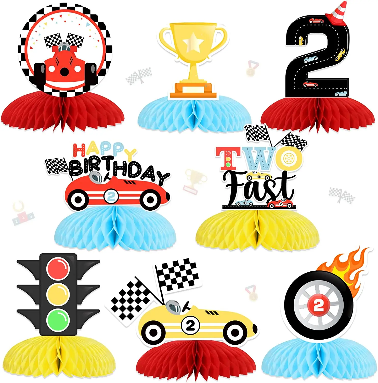 Fangleland 8Pcs Two Fast Honeycomb Centerpieces Retro Race Car Theme 2nd Birthday Party 3D Table Decoration for Two Year Old Boy