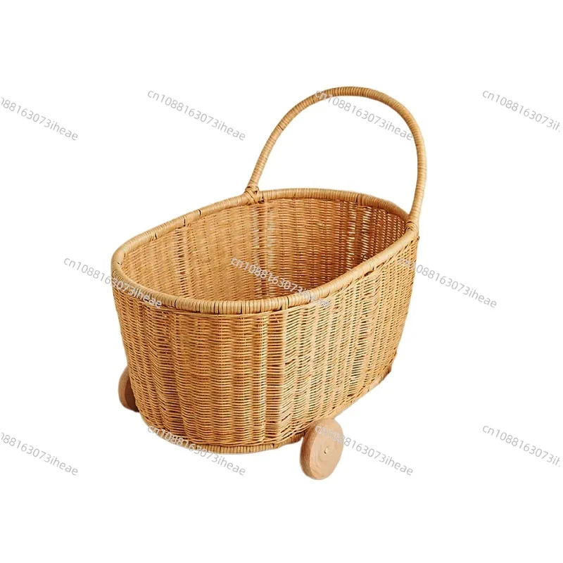 Vintage rattan woven small cart shaped storage basket, hand woven home bedroom flower basket, photography prop