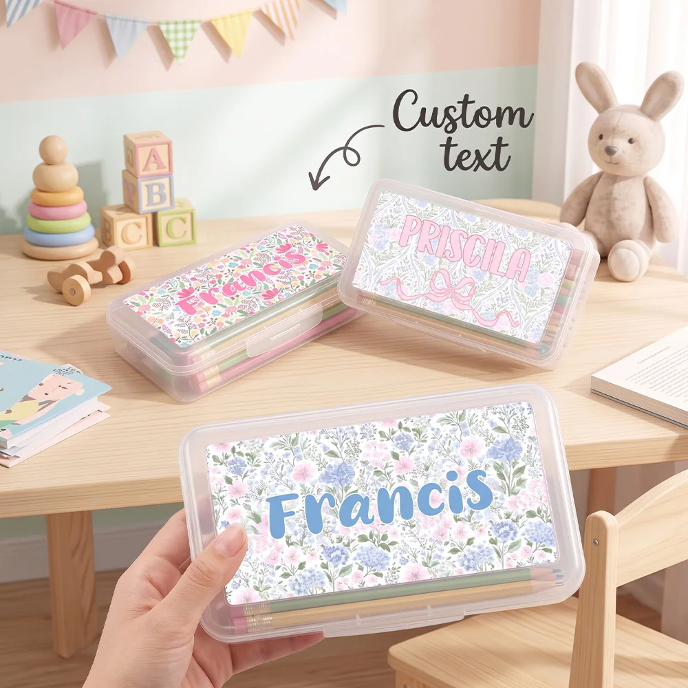 Personalized Pencil Case, Custom Name Clear Plastic Ditsy Floral Stationery Box, Wildflower Pattern,