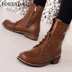FOREADA Women Ankle Short Boots Round Toe Flats Lace-up Zipper Combat Boots Ladies Fashion Shoes Winter Black Beige Brown 46