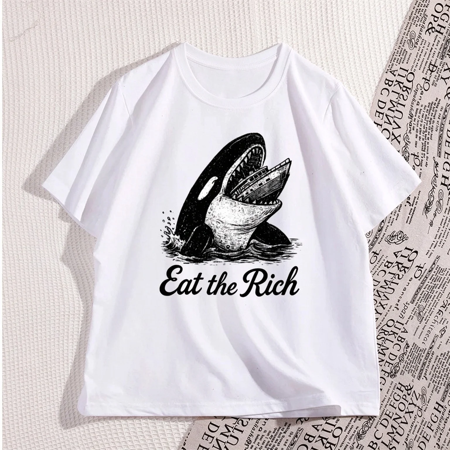 2026 Eat The Rich Killer Whale T-Shirt Vintage Cotton Short Sleeve Tshirt Streetwear Man Short Sleeve Graphic Tee Oversized Tee