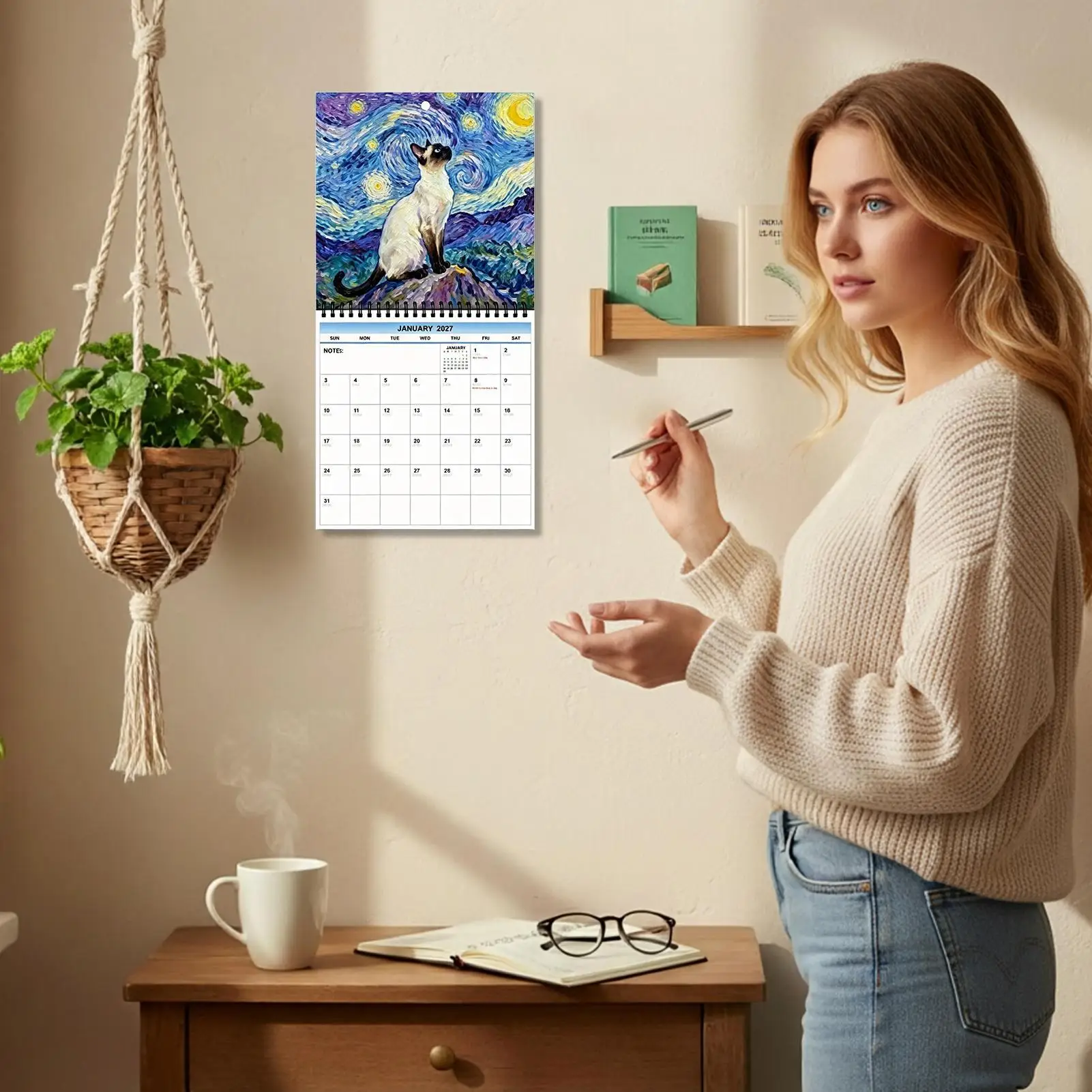 Wall Calendar Large Date Grid Cat Theme Thick Paper 12 Month Planner for Dining Room Dorm Living Room Bedroom Study Students Kid