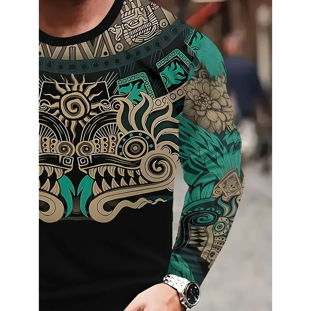 تي شيرت رجالي أنيق ثلاثي الأبعاد مطبوع عليه تنين بأكمام طويلة تي شيرت بوليستر طفيف قابل للتمدد برقبة دائرية نمط غير رسمي ملابس شارع Y2K كبيرة الحجم #3