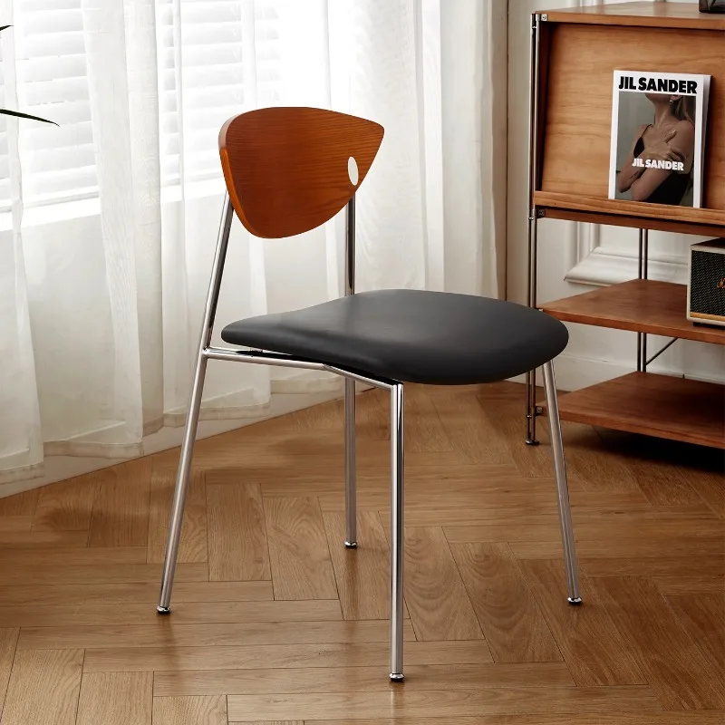 

Medieval wabi style retro dining chair stainless steel home solid wood backrest Internet celebrity light luxury