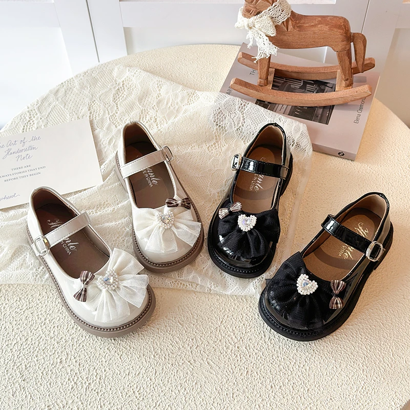 Girls Leather Shoes for Party Wedding Children Mary Jane Shoes with Lace Bow-knot Kids Princess Performance Shoes Non‑Slip