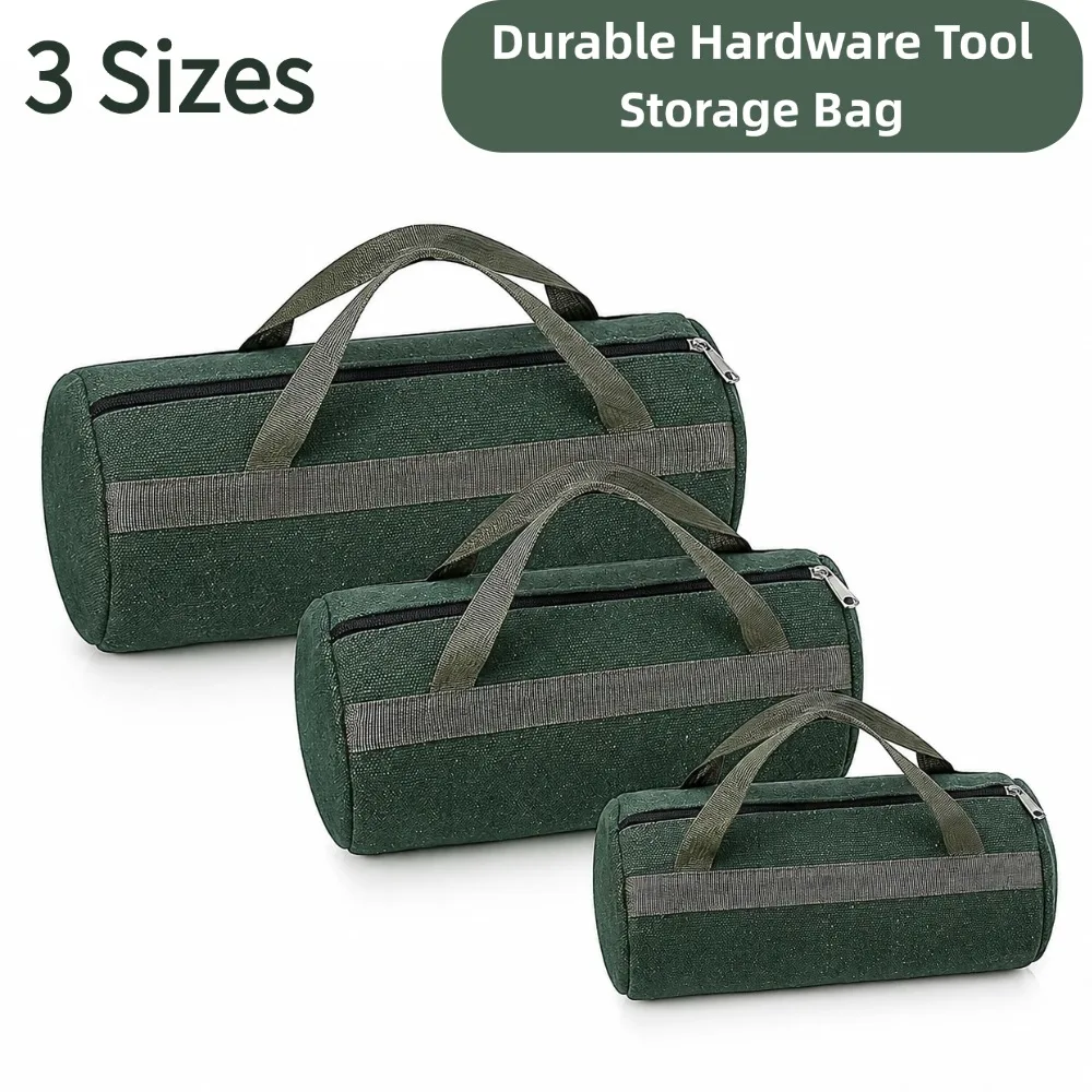 Cylindrical Tool Bag Heavy‑Duty Green Canvas Tool Pouch Hardware Storage Bag Load‑Capacity for Hand Tools Outdoor Camping