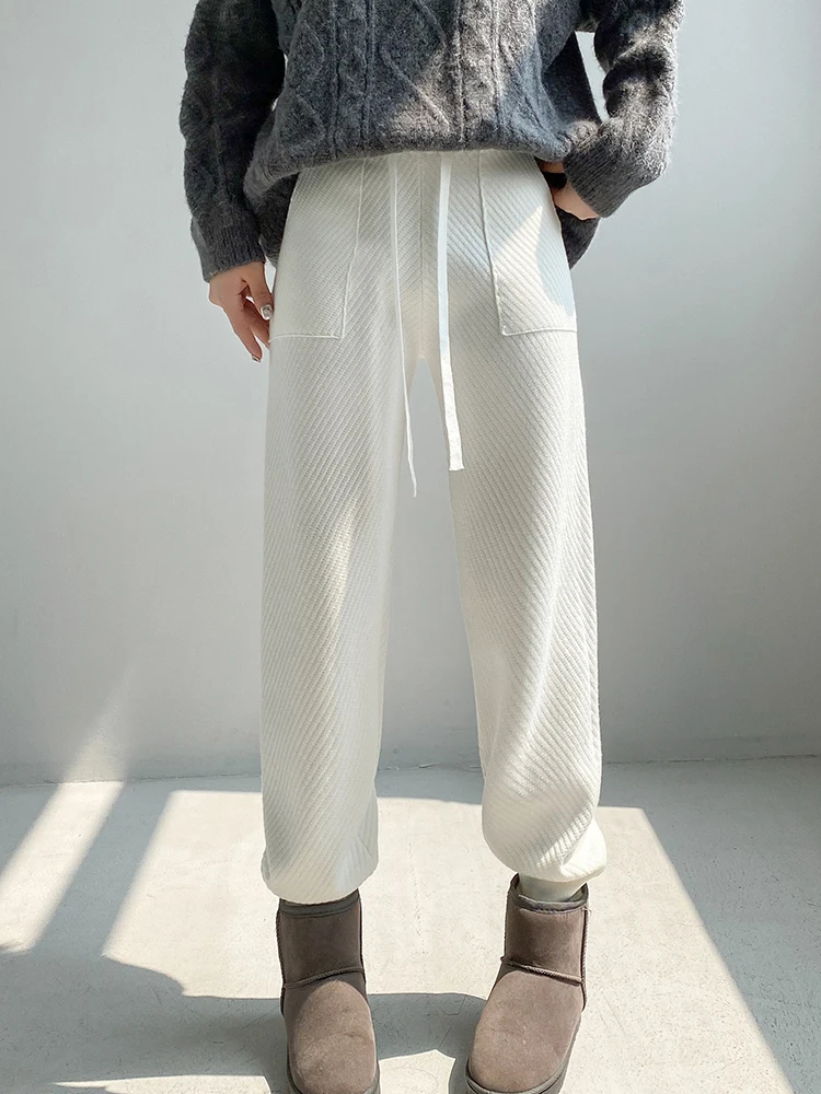 Autumn Winter Thick Harem Pants Women 2024 New Loose Casual Elastic Waist Ankle-Length Trousers Female Drawstring Pocket Pants