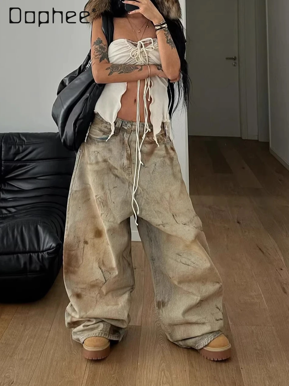 

American Retro Print Vintage Loose Fit Straight Leg Jeans Women Harajuku Style Sweet Cool Girl High Waist Slim Wide Leg Pants