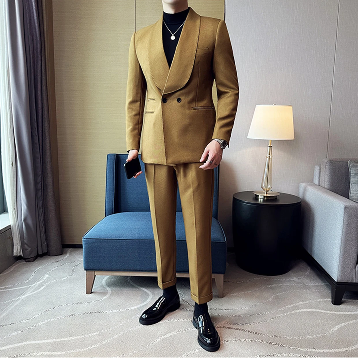 Relaxed Fit Tweed Herringbone Double Breasted Suit Mens 2 Piece Set Wedding Banquet Suit Business Outfits Customize