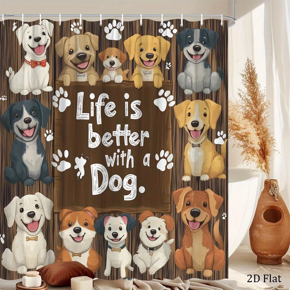 1pc a Shower Curtain Featuring Cartoon Dogs, Showcasing Twelve Charming Dogs Along with a Wooden Sign That Says Life Is Better w