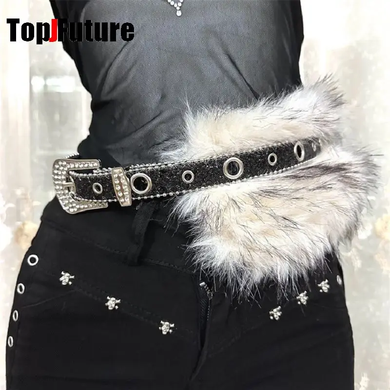 American Retro Women's Harajuku Steampunk Y2K Spice Girls Imitation Belt Waistband Dark Shiny Fluffy Decorative Belt Chain