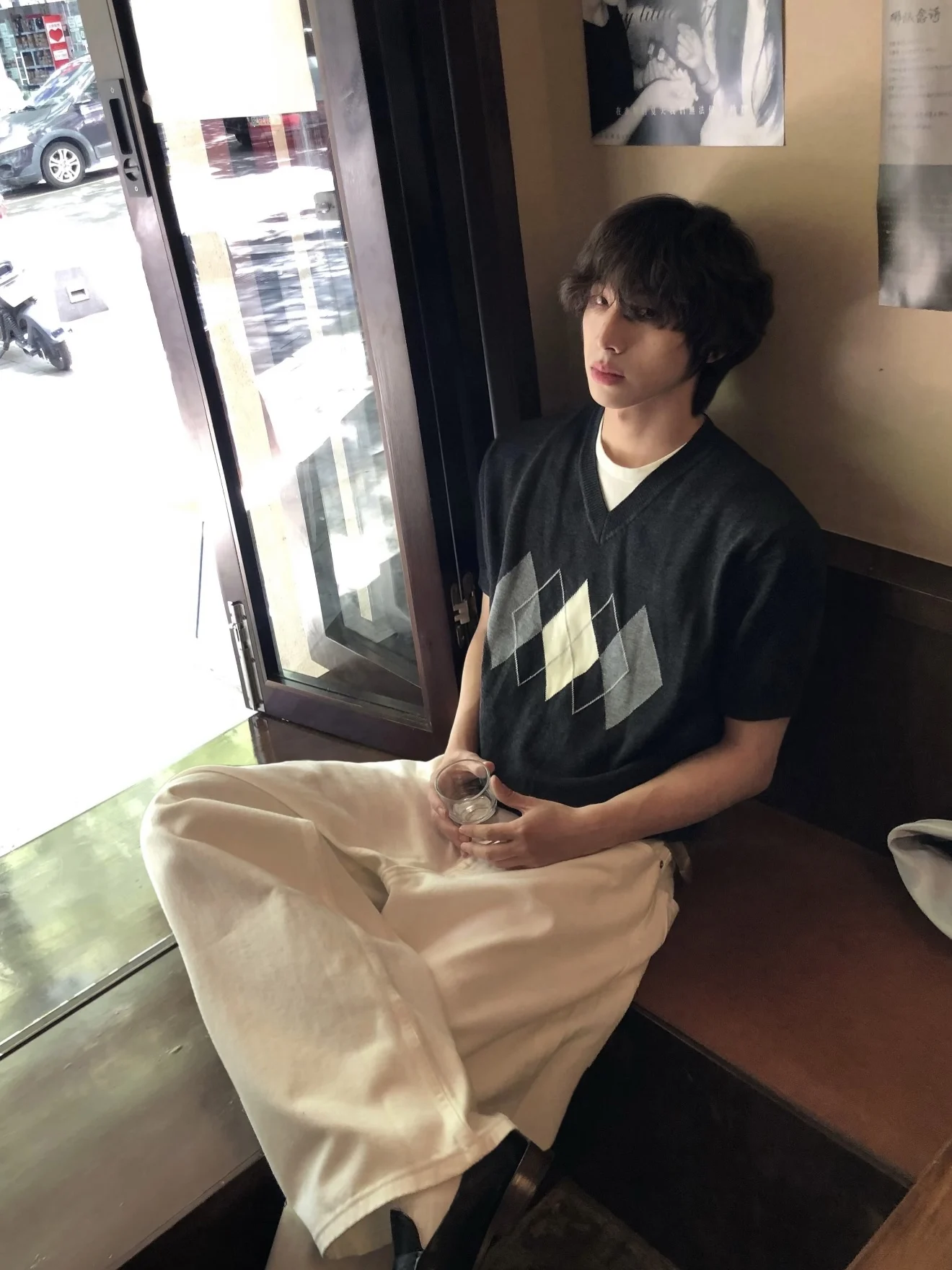 Korean Retro Diamond Pattern Knitted Short Sleeve Casual Loose Fit Men's T-Shirt Summer Lightweight Breathable Fashionable