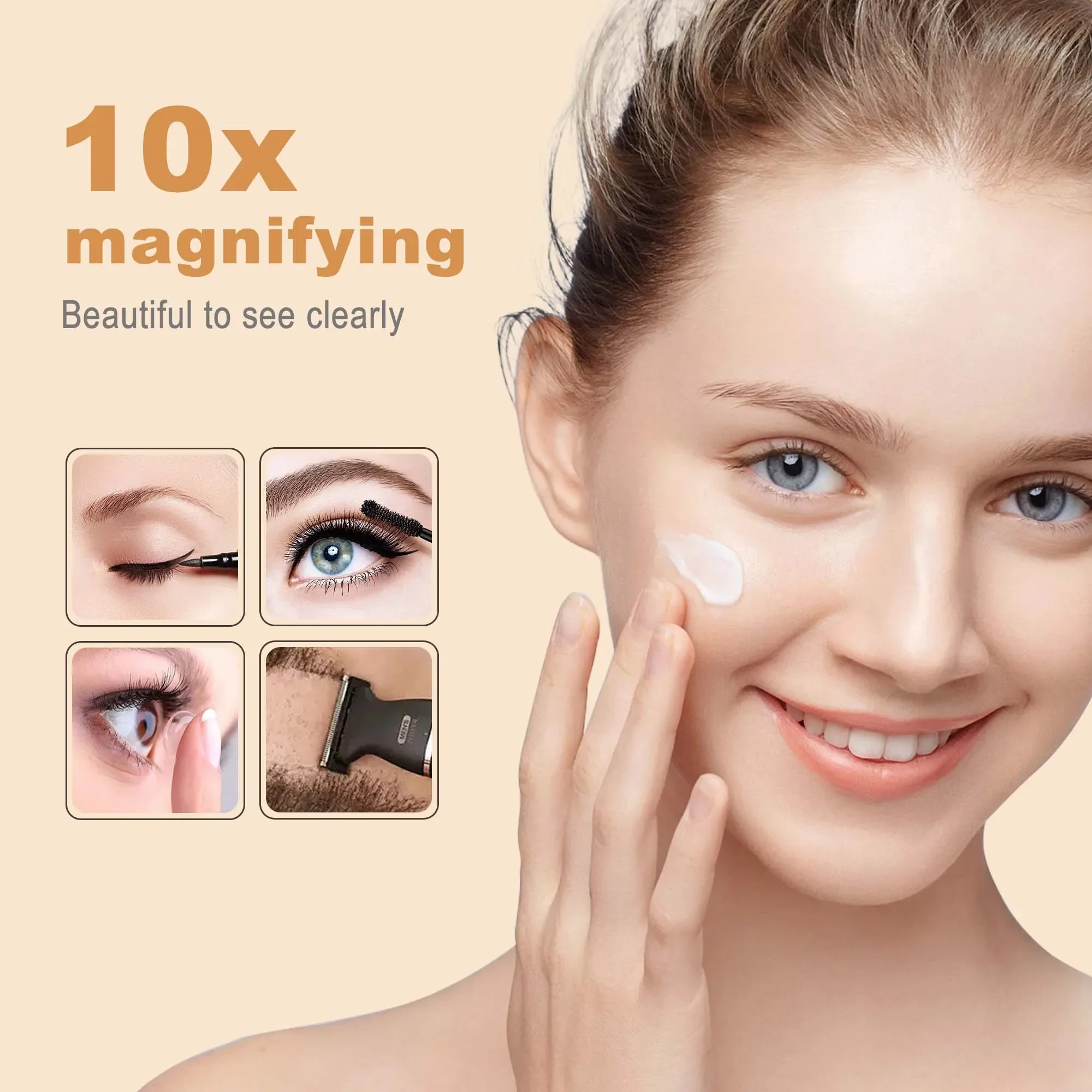 7-Zoll-Schminkspiegel mit Licht, wiederaufladbar über USB, höhenverstellbar, 1-fach/10-fache Vergrößerung, 3-Farben-Beleuchtung, 360 °   Drehbarer Kosmetikspiegel