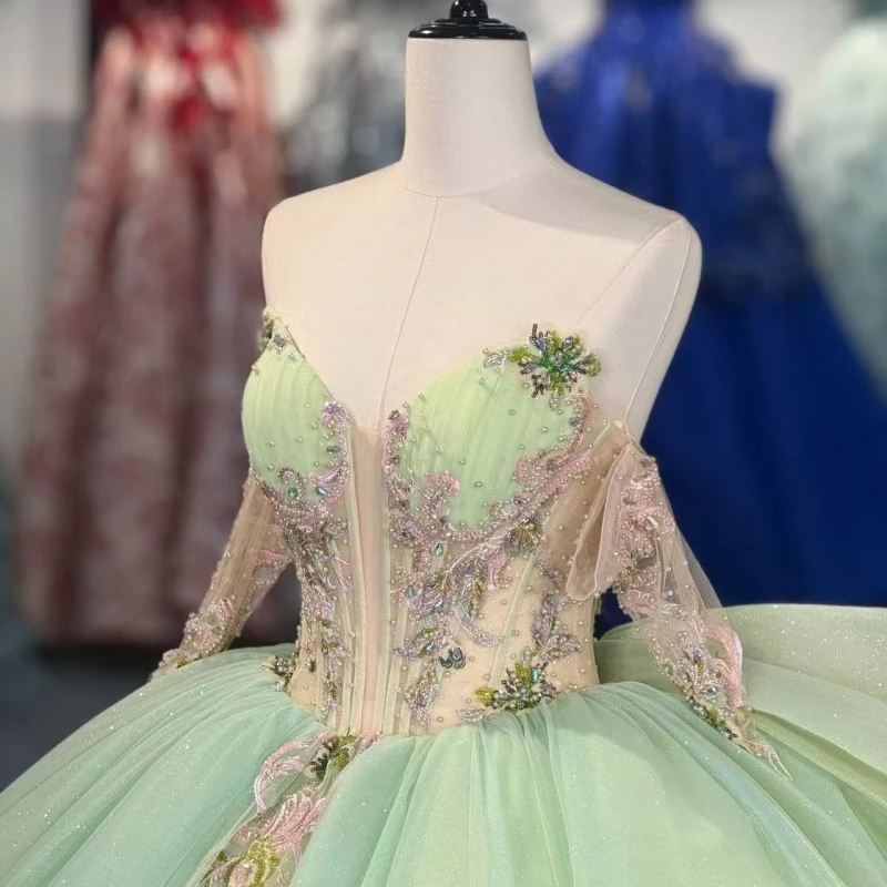 Light Green Shiny Quinceanera Dresses Off The Shoulder Sequin Applique Lace Beading Crystal Bow  Tull Corset Party Birthday Swee