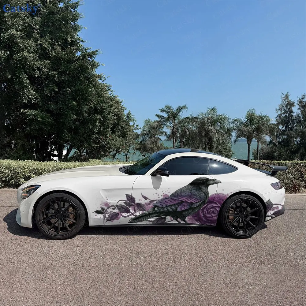 2Pcs Purple Flower Raven Car Side Wraps, Self-Adhesive PVC Waterproof & Scratch-Resistant Stickers, Car Accessory Gift