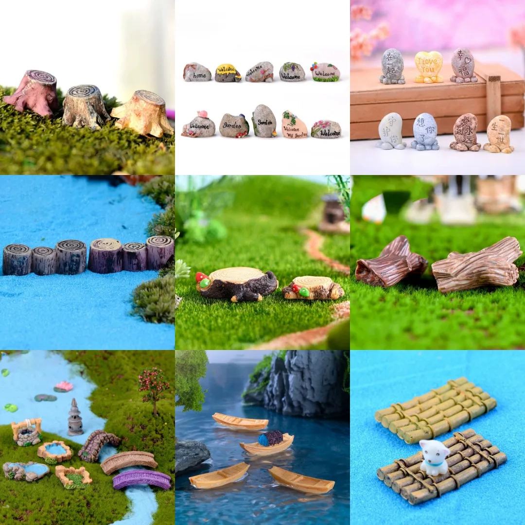 30PCS Fairy Garden Miniature Tree Stump Stone Mountain Bridge Lighthouse Water Well Pond for DIY Craft Ornament Decor