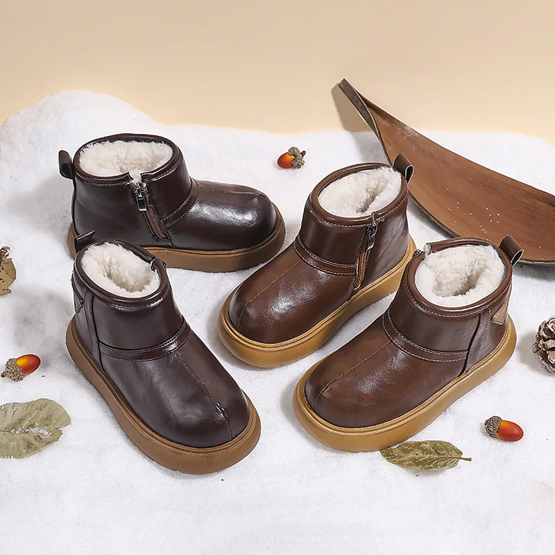Kids'Snow Boots PU Leather Winter Fashion Outdoor Flat Thick Bottom Shoes For Children Warm Anti-slip Brown Khaki Size 26-37