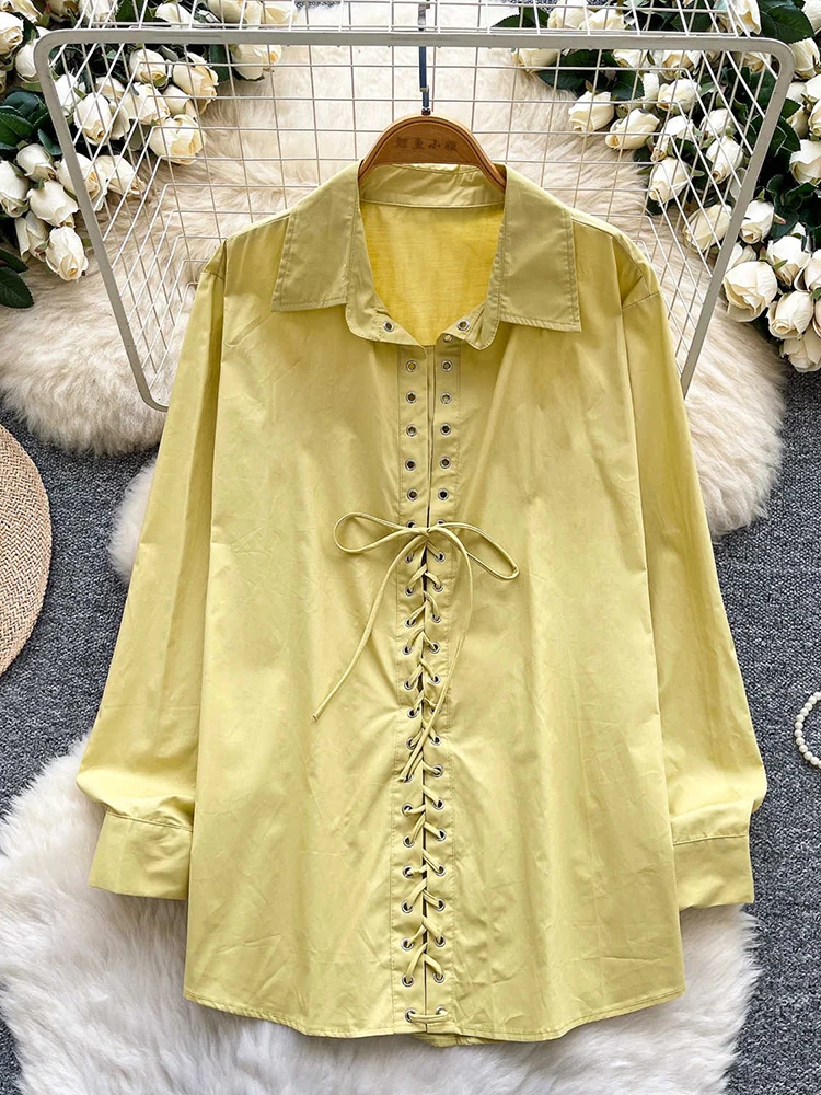 

Весенне-осенняя корейская дышащая рубашка на шнуровке, женская новая свободная модная универсальная белая блузка с длинными рукавами D89