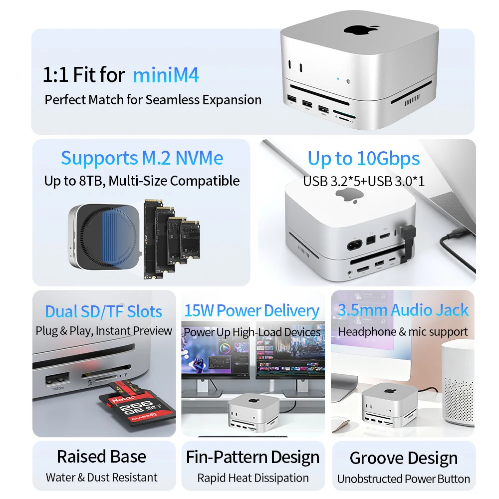 Netac Docking Station USB3.2 Type-C Max 10Gbps Fit for Mac miniM4 Suppoer M.2 NVME SSD up to 8TB SD&TF 170MB/s USB Splitter Dock