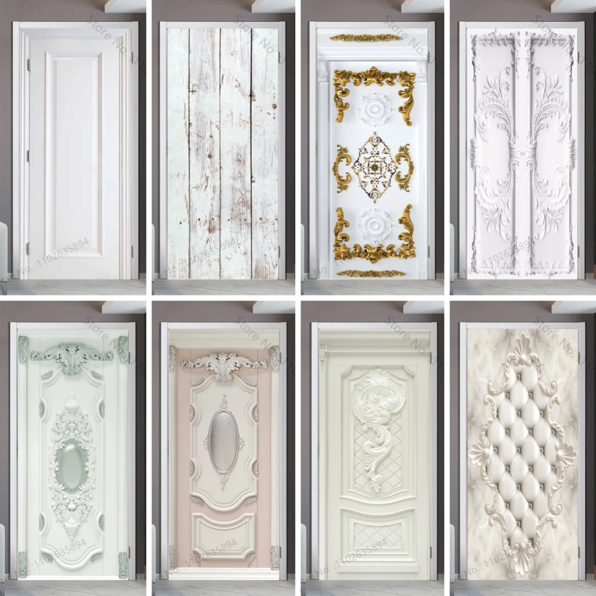 Simple Style Light Off White Wood Grain Background Door Sticker Wallpaper Home Decor Embossed Flat Print Wooden Door Wrap Cover