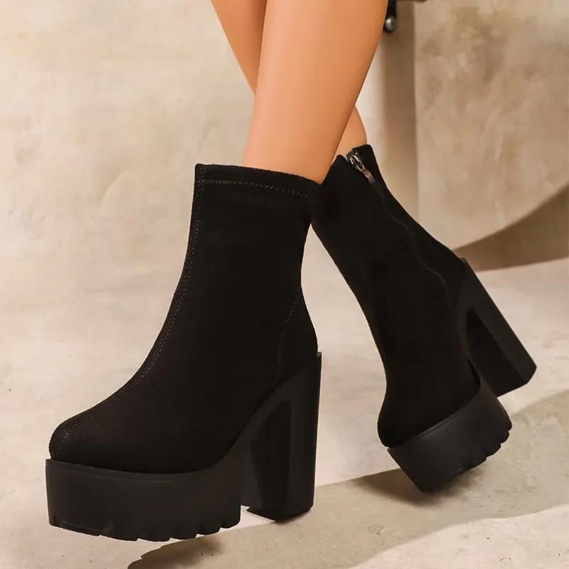 Fashion 2026 Women Autumn/winter Waterproof Platform Thick Heel Super High Heels Women's Boots Suede Warm Short Boots Low Botas