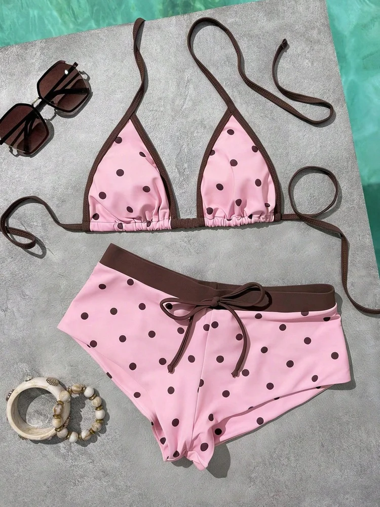 Polka Dot Print Sexy Brazilian Bikini Set Women's Triangle Top with Exposed Back Side Slotted Thong Bottom Two-Piece Swimsuit